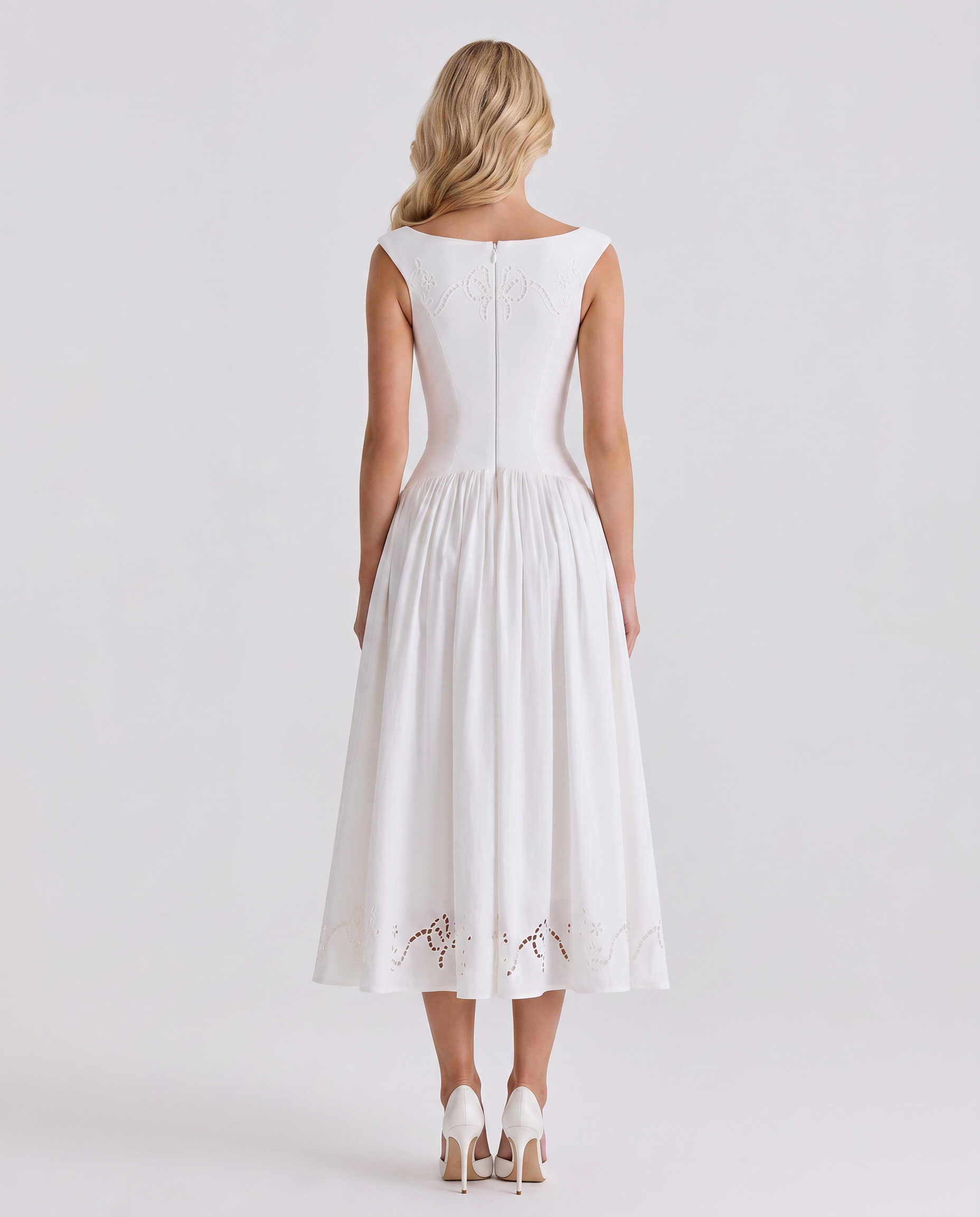 Women's Boat Neck Eyelet Midi Dress | White Casual Summer Dress