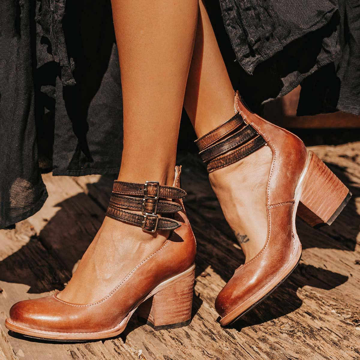Women's Boho Ankle Boots | Double Buckle Strap Stacked Block Heel