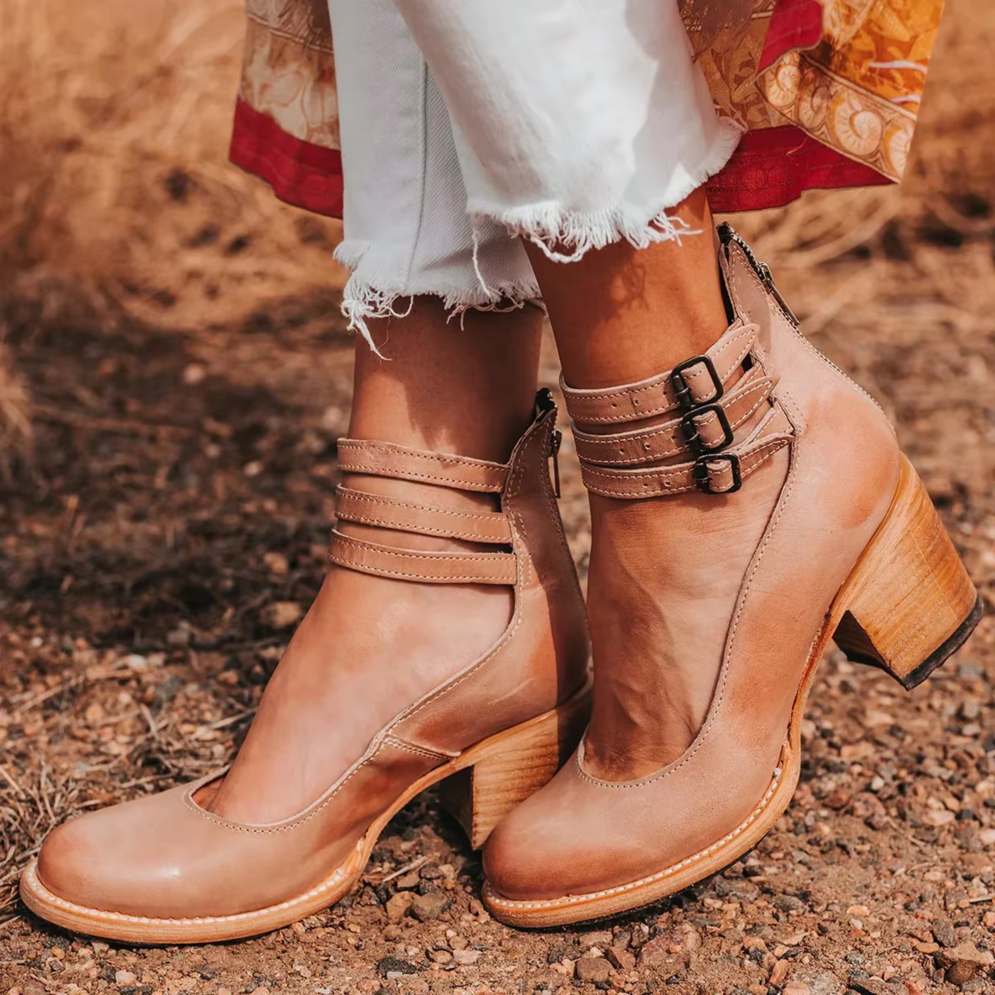 Women's Boho Ankle Boots | Double Buckle Strap Stacked Block Heel