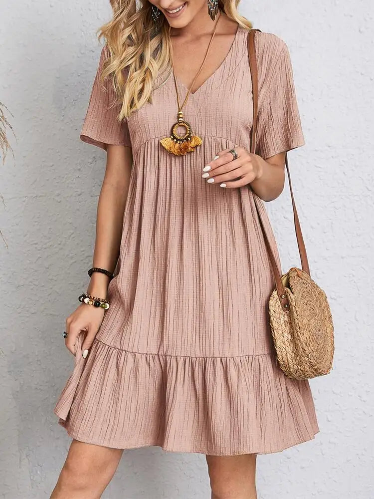 Women's Boho Mini Dress | V-Neck Short Sleeve Crinkle Ruffle Hem