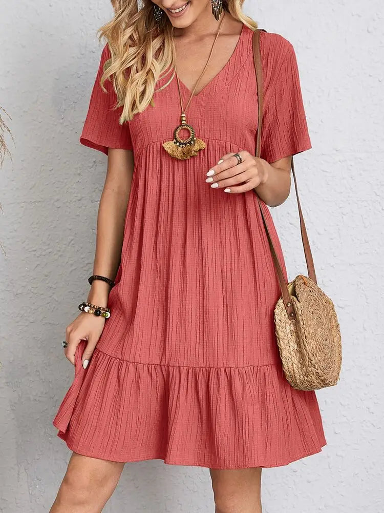 Women's Boho Mini Dress | V-Neck Short Sleeve Crinkle Ruffle Hem