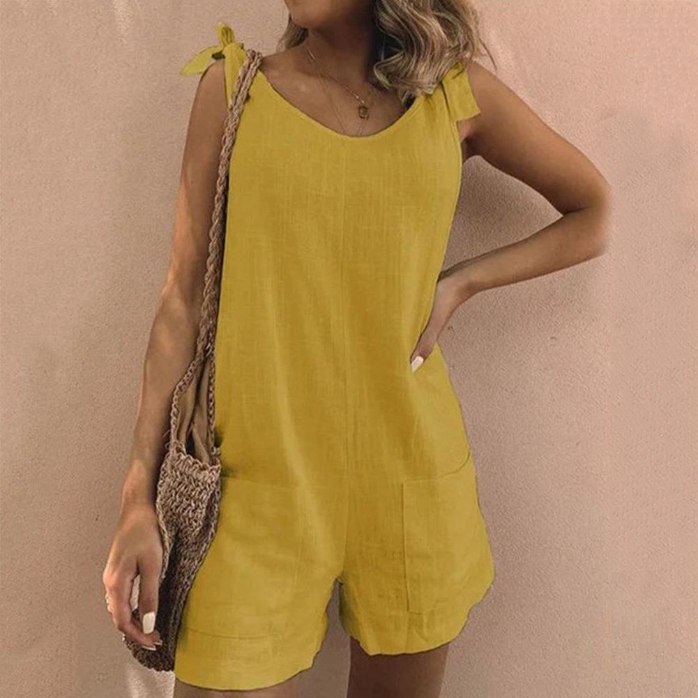 Women's Linen-Look Tie Shoulder Strap Scoop Neck Romper with Pockets Summer Casual