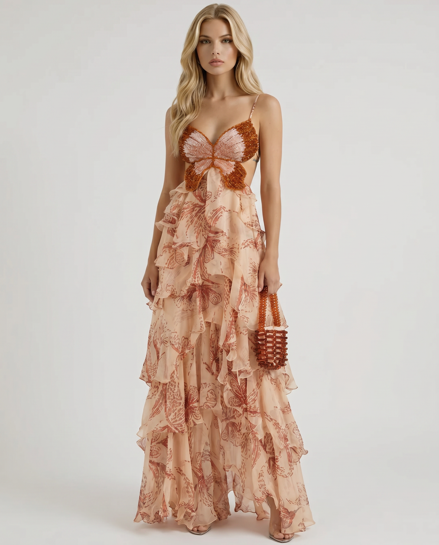 Women's Butterfly Appliqué Tiered Maxi Dress | Brown Formal Evening Dress