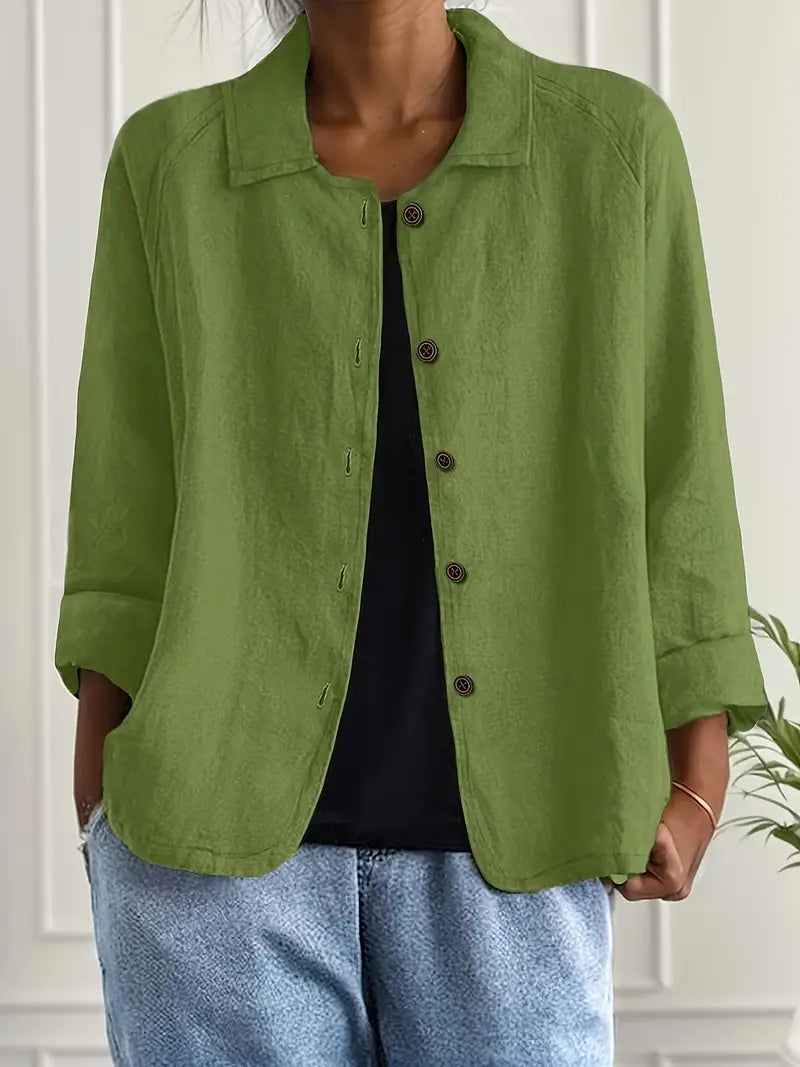 Women's casual button-front collared blouse in Khaki