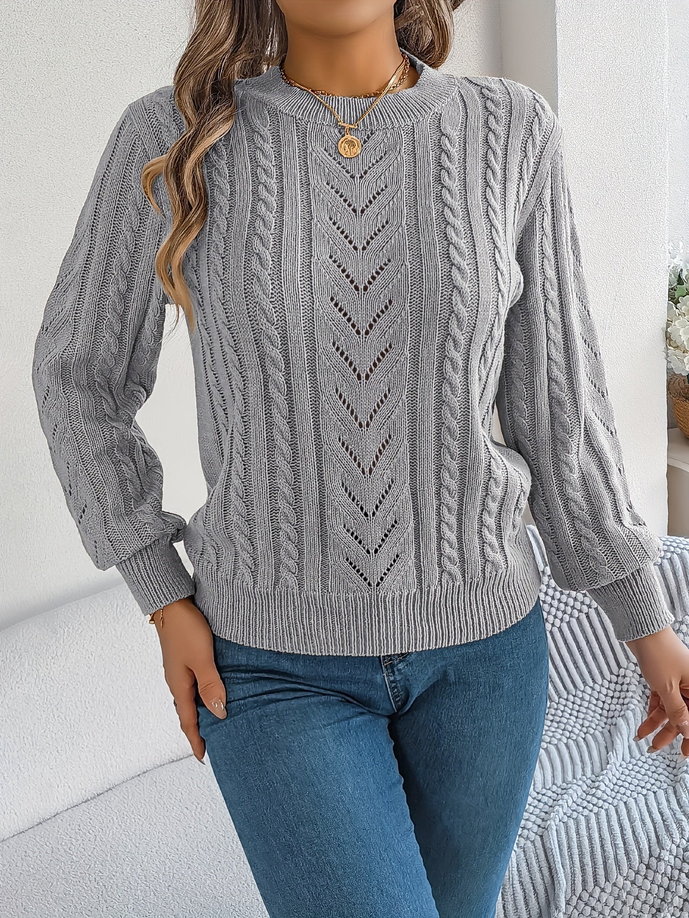 Women's Cable-Knit Textured Sweater - photo 12