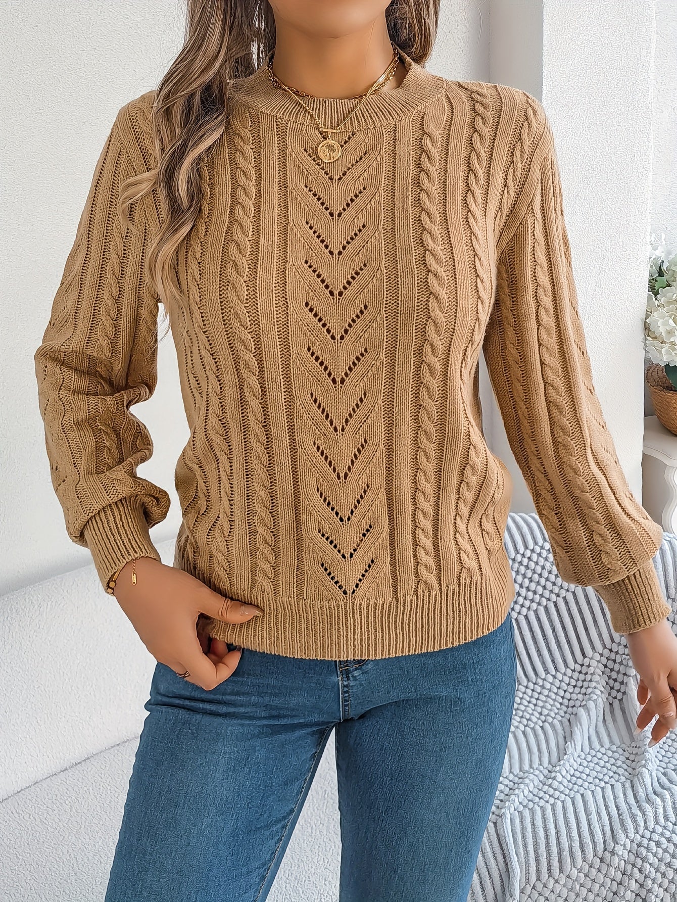 Women's Cable-Knit Textured Sweater - photo 7