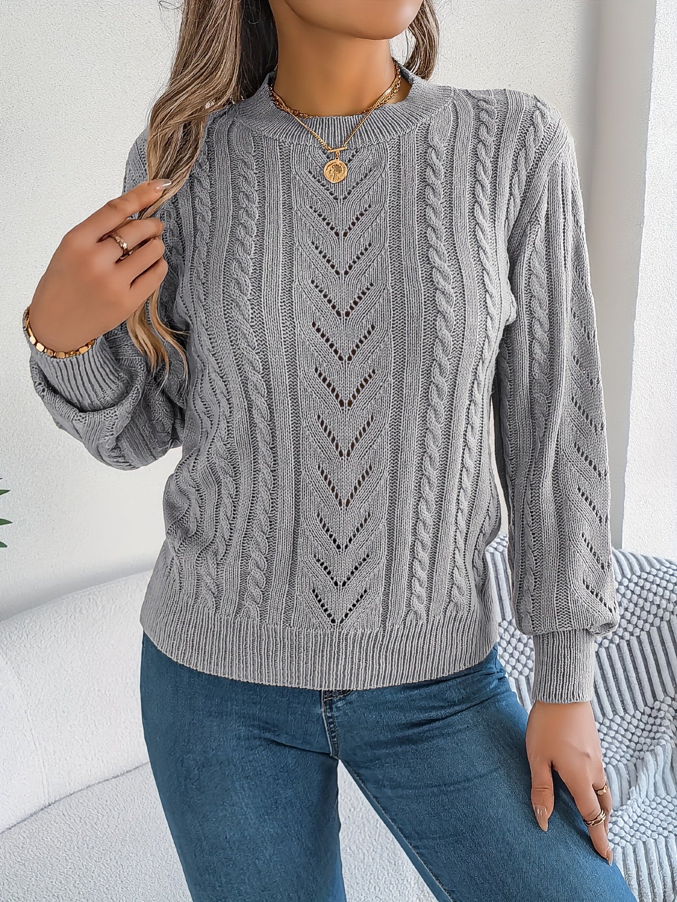 Women's Cable-Knit Textured Sweater - photo 9