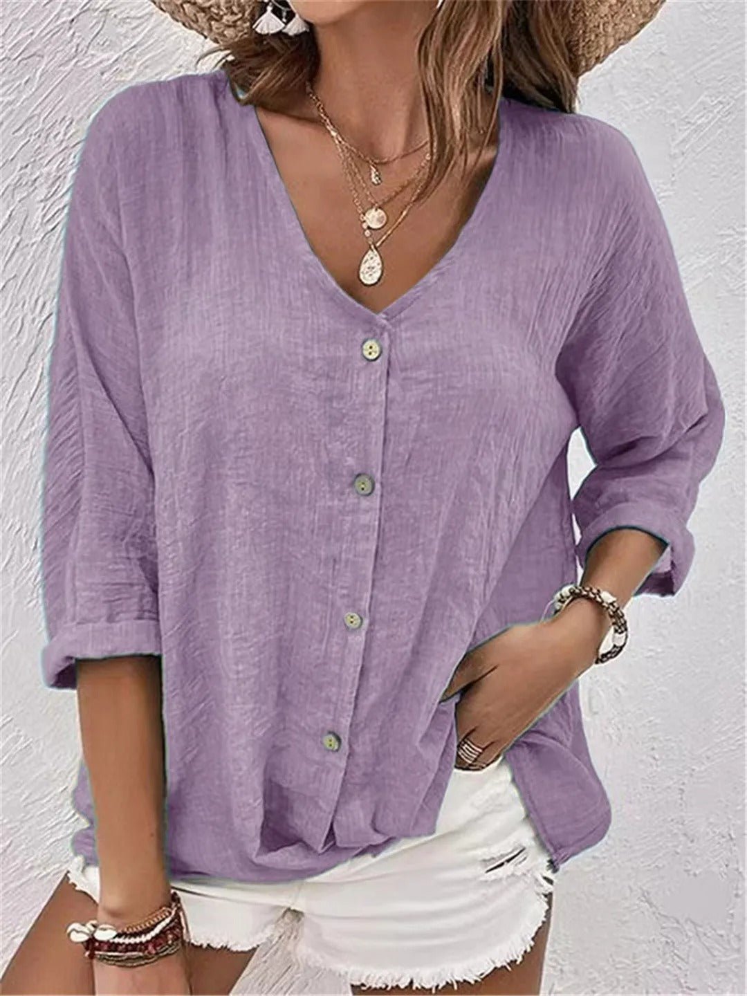 Women's Linen-Look V-Neck Button-Down 3/4 Sleeve Relaxed Blouse Casual Everyday