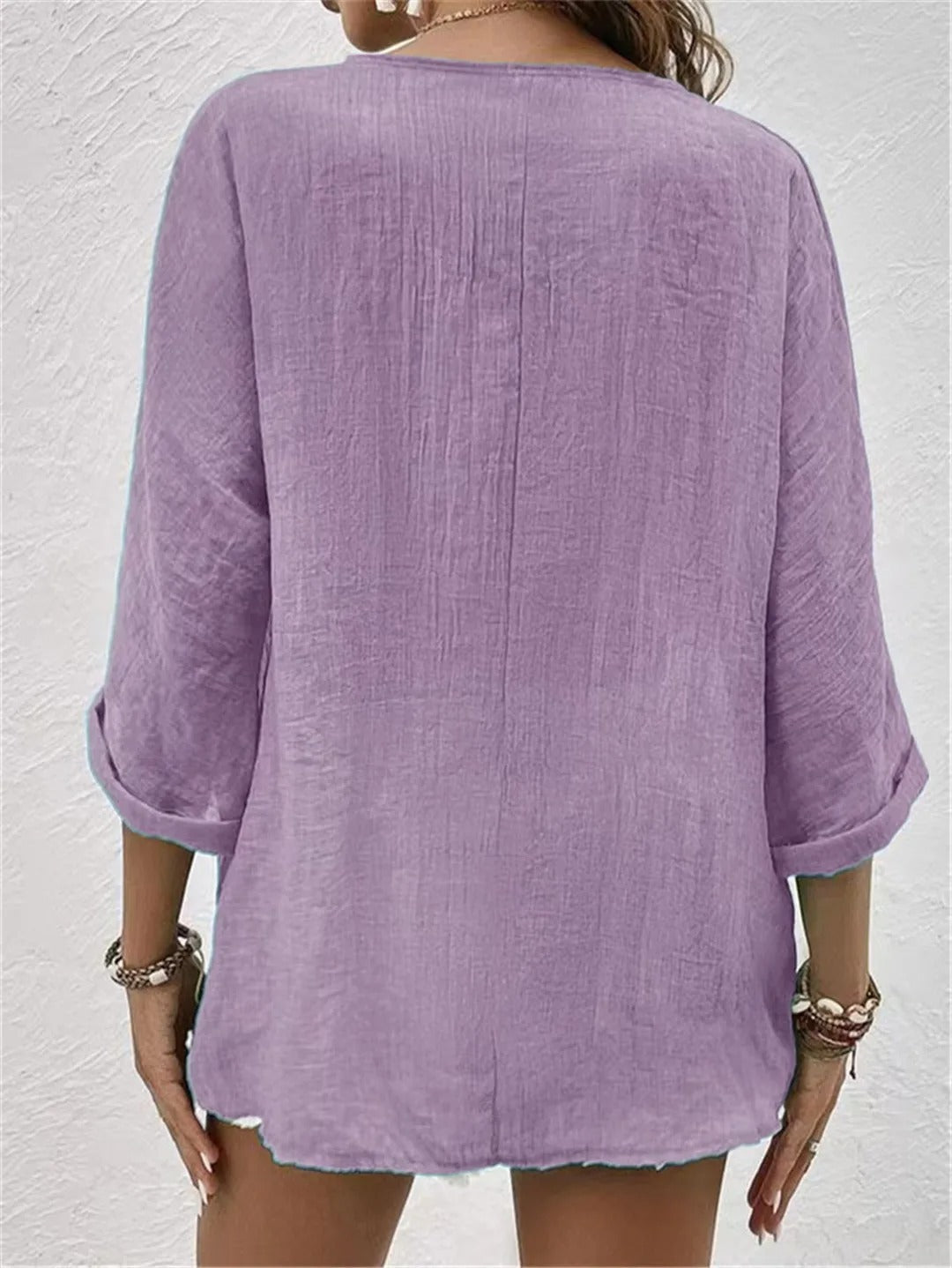 Women's Linen-Look V-Neck Button-Down 3/4 Sleeve Relaxed Blouse Casual Everyday