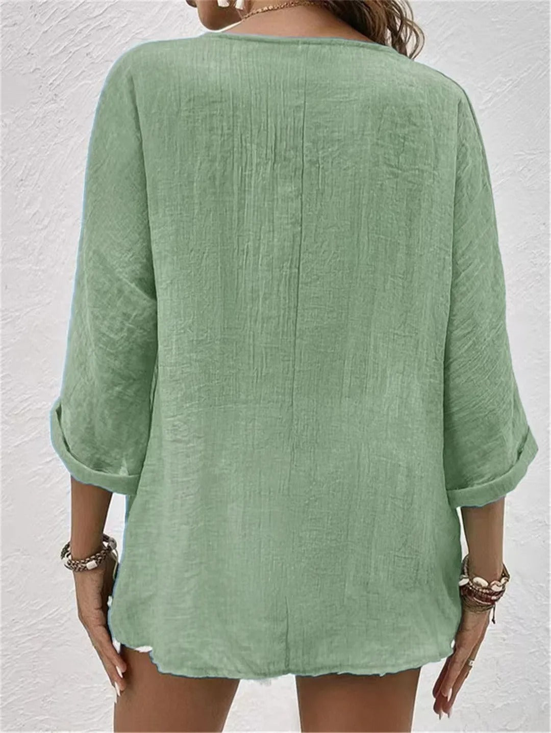 Women's Linen-Look V-Neck Button-Down 3/4 Sleeve Relaxed Blouse Casual Everyday