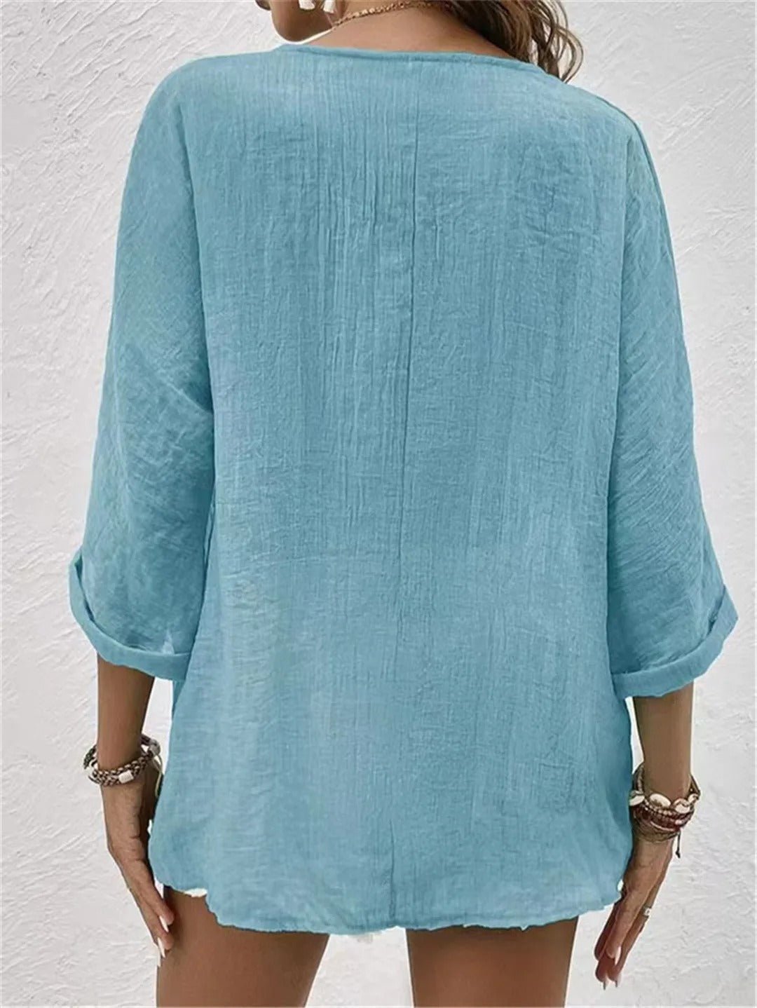 Women's Linen-Look V-Neck Button-Down 3/4 Sleeve Relaxed Blouse Casual Everyday