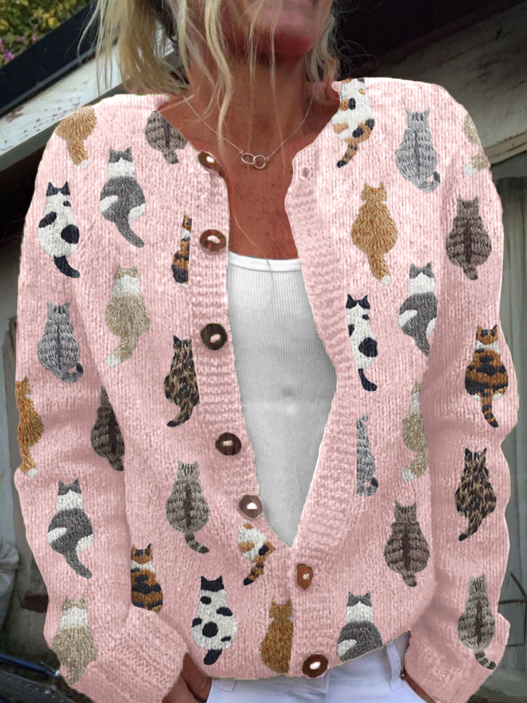 Women's cat print knit cardigan - side view