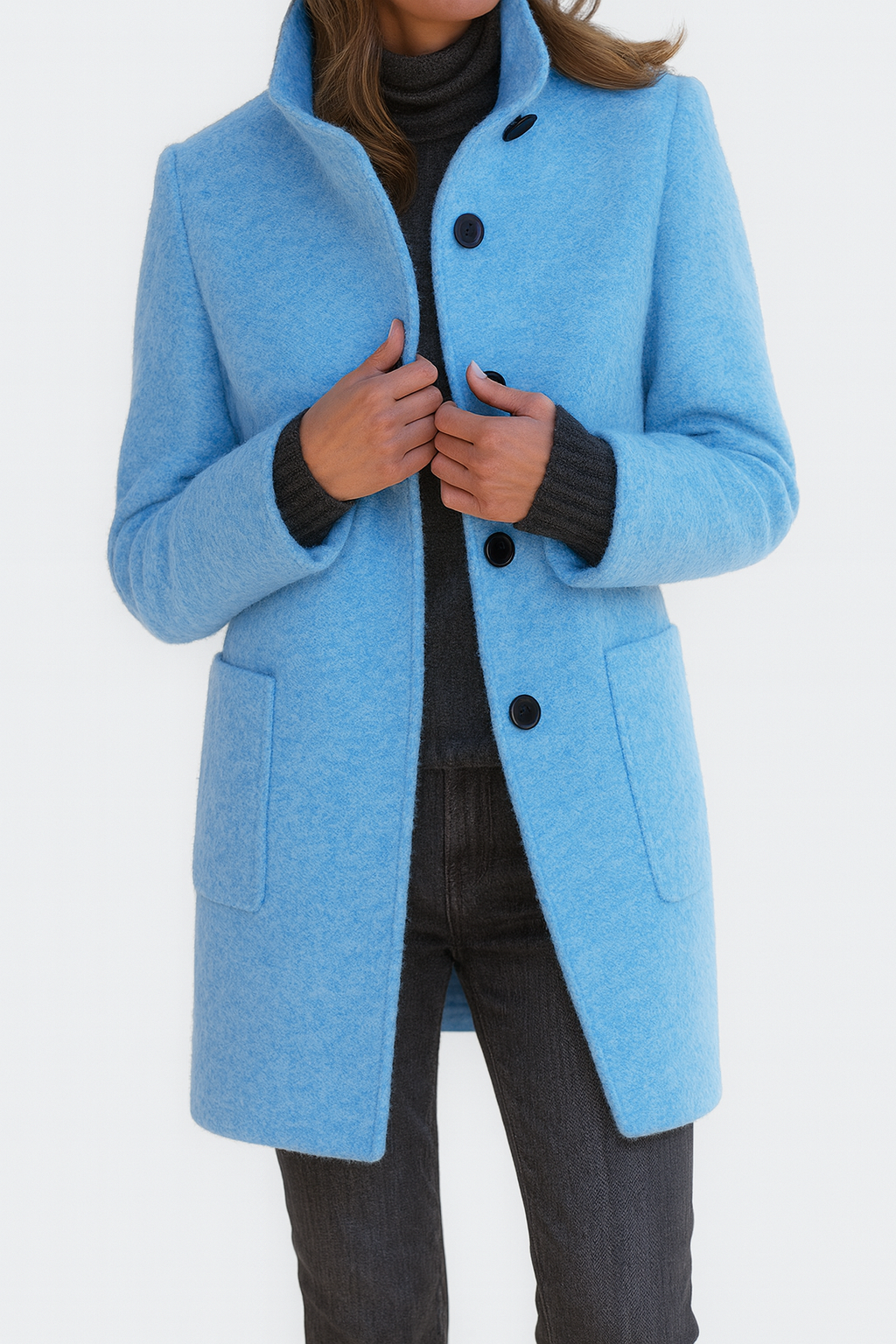womens classic long coat | timeless elegant overcoat - worn view