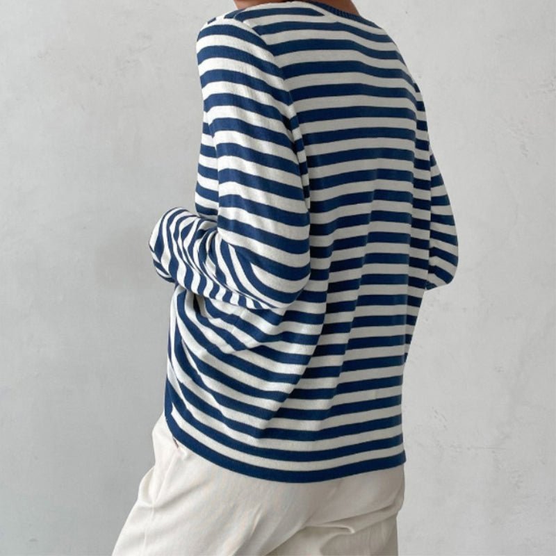 Women's navy blue striped cotton sweater - flat lay