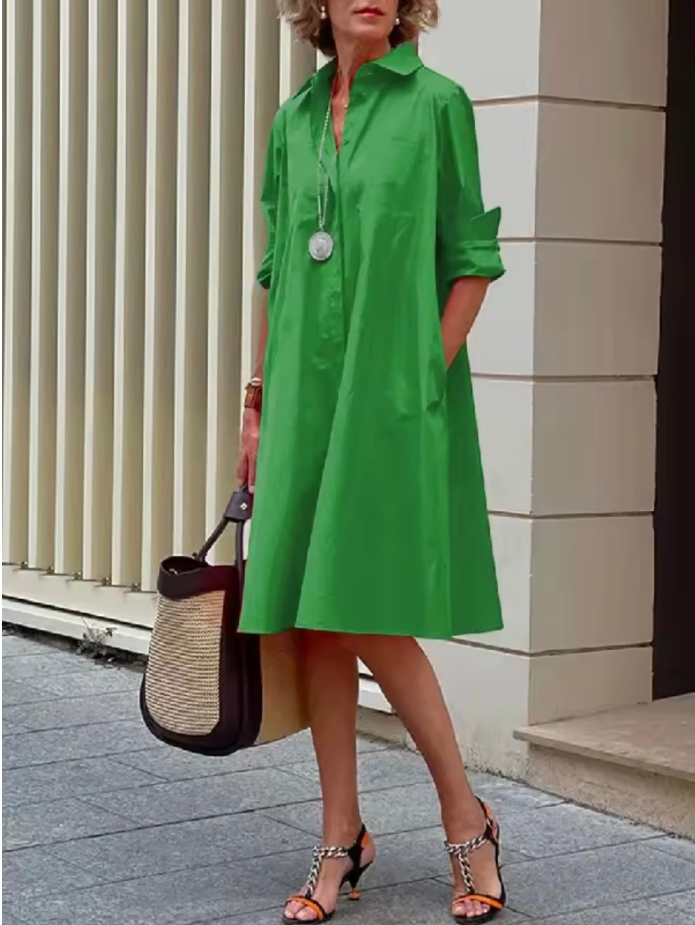 Women's Classic Midi Shirt Dress | Casual Long Sleeve Button-Down Dress