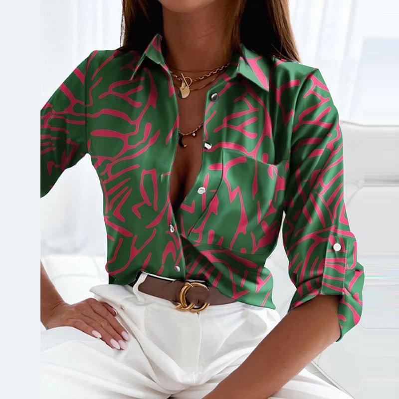 Women's Graphic Print V-Neck Button-Down Long Sleeve Relaxed Blouse