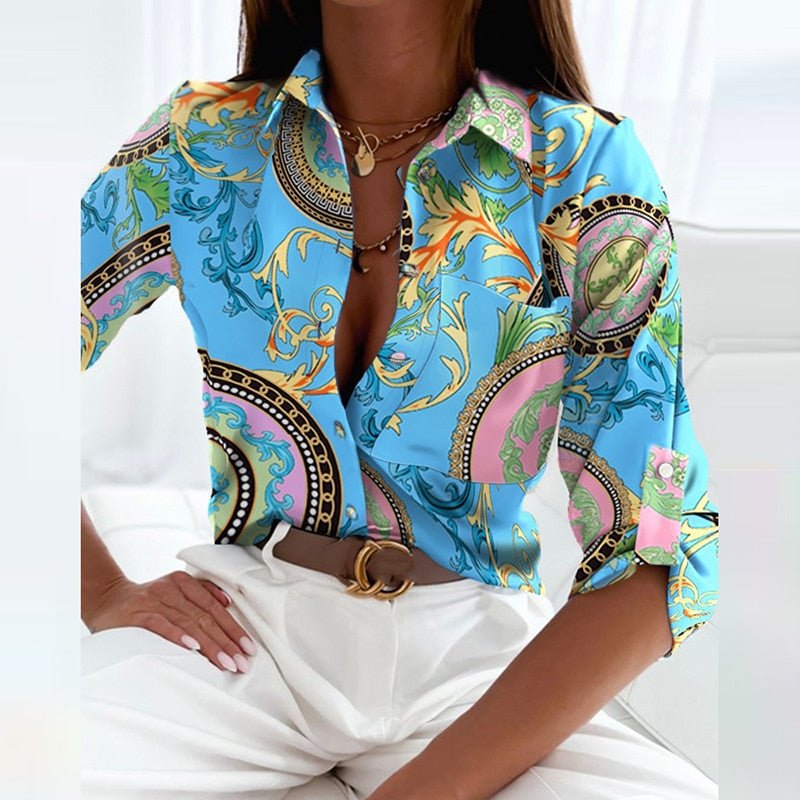 Women's Graphic Print V-Neck Button-Down Long Sleeve Relaxed Blouse