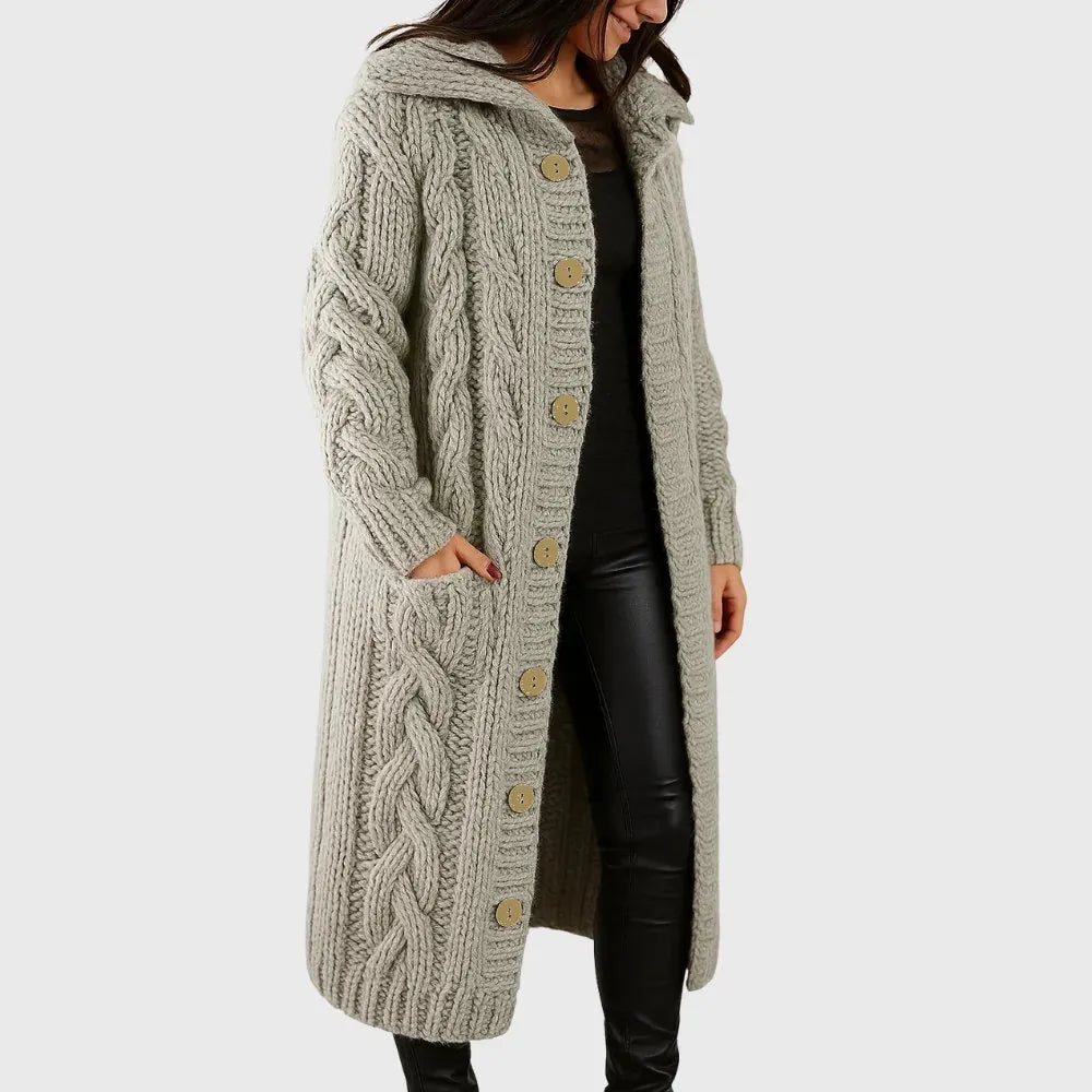 womens cozy long coat | elegant warm everyday overcoat - detail view