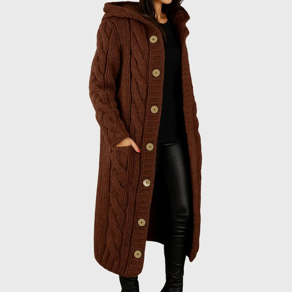 womens cozy long coat | elegant warm everyday overcoat - flat lay view