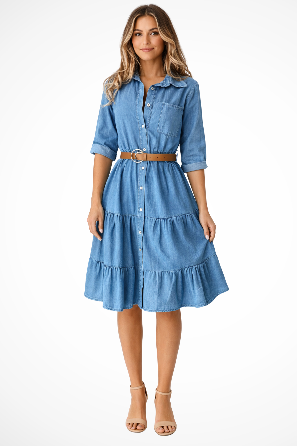 Women's Denim Button-Down Collared 3/4 Sleeve Belted Tiered Midi Dress