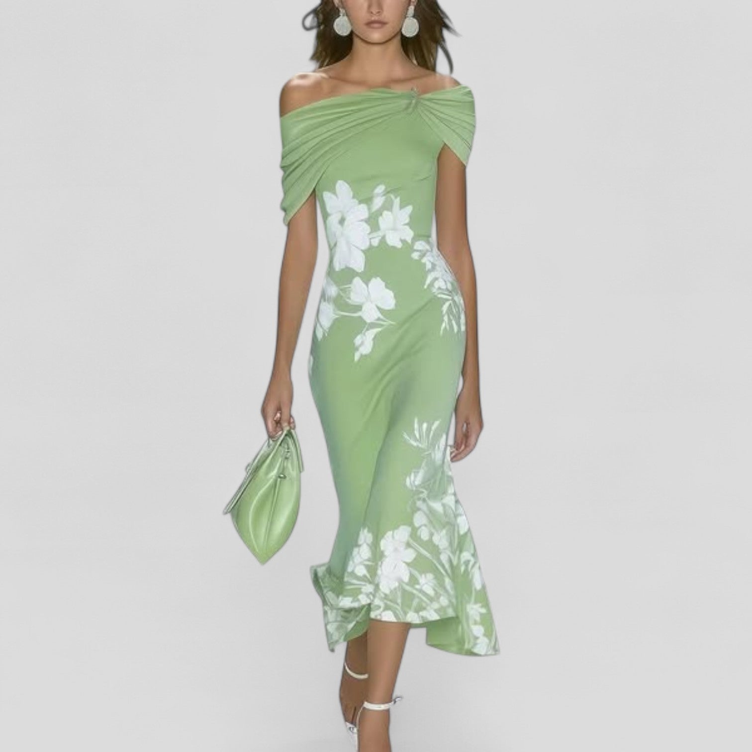 Women's Floral Print Off Shoulder Draped Mermaid Midi Dress Cocktail Party