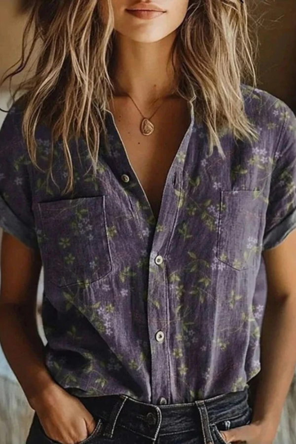 Women's Abstract Print V-Neck Button-Down Short Sleeve Casual Blouse