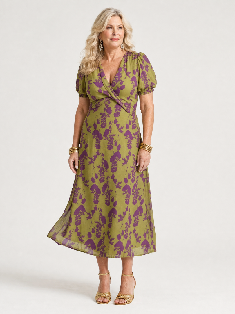 Women's short sleeve wrap V-neck floral midi dress - print detail