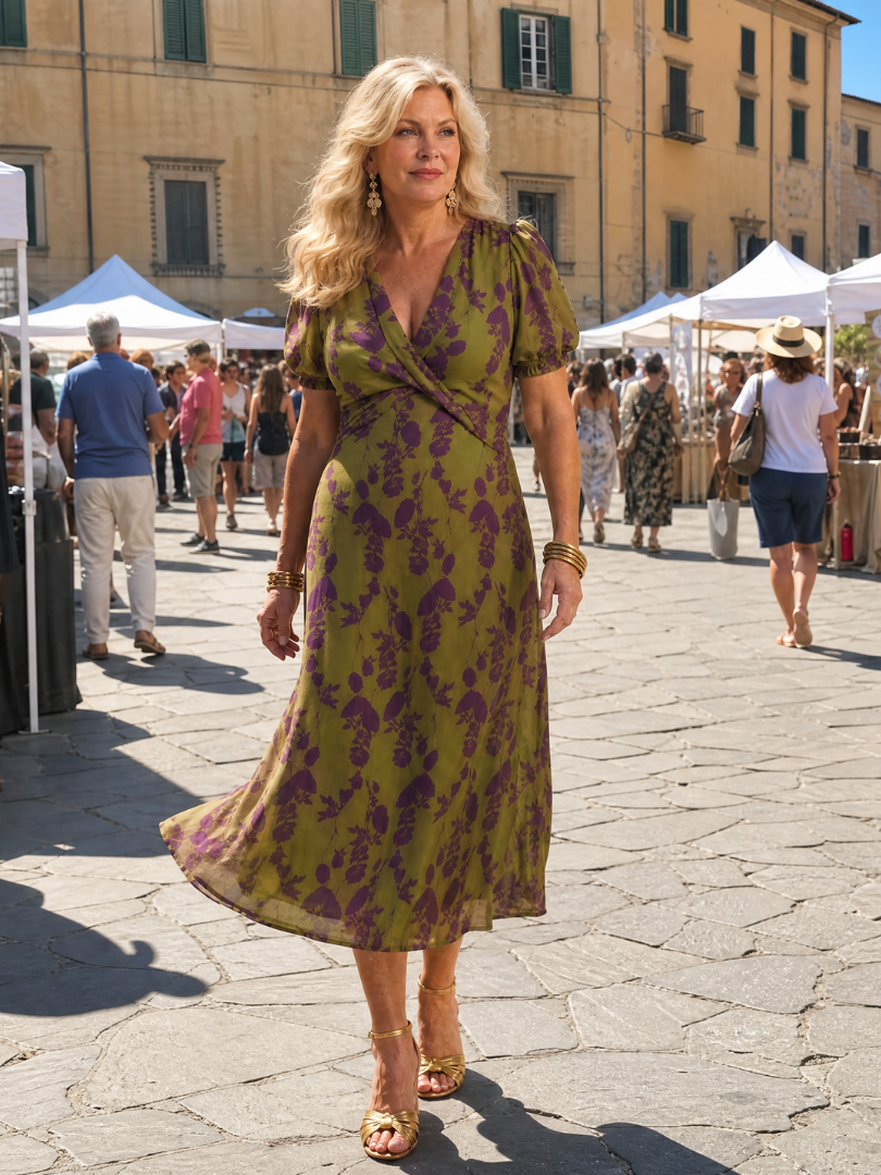 Women's short sleeve wrap V-neck floral midi dress - worn view