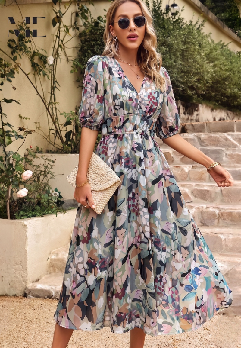 Women's Floral Midi Dress with Puff Sleeves | Garden Party Occasion Dress