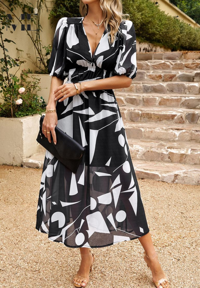 Women's Floral Midi Dress with Puff Sleeves | Garden Party Occasion Dress