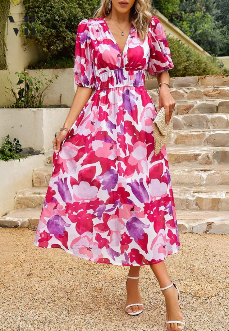 Women's Floral Midi Dress with Puff Sleeves | Garden Party Occasion Dress