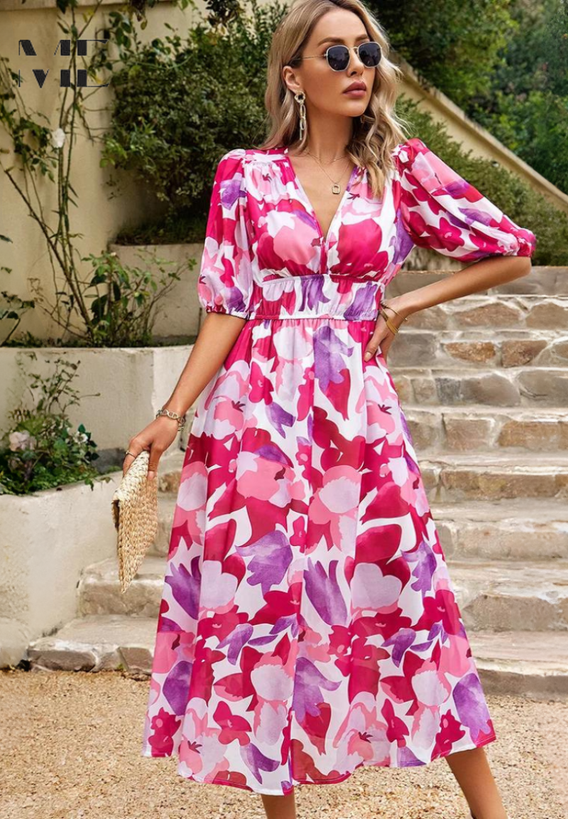 Women's Floral Midi Dress with Puff Sleeves | Garden Party Occasion Dress