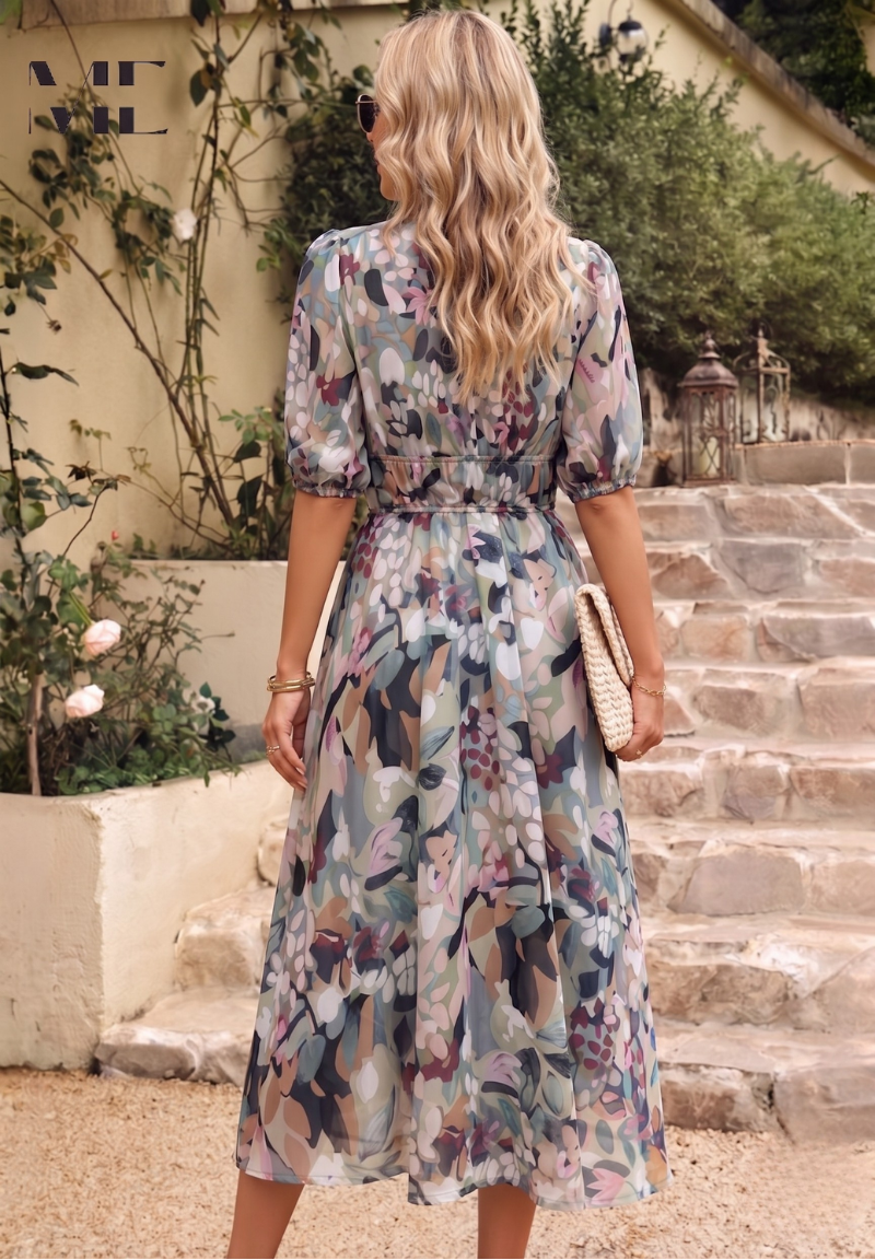 Women's Floral Midi Dress with Puff Sleeves | Garden Party Occasion Dress
