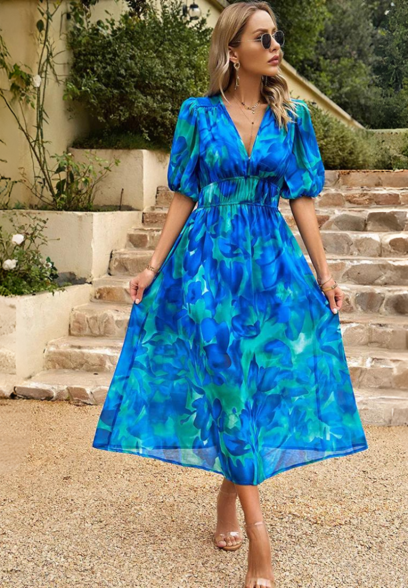 Women's Floral Midi Dress with Puff Sleeves | Garden Party Occasion Dress