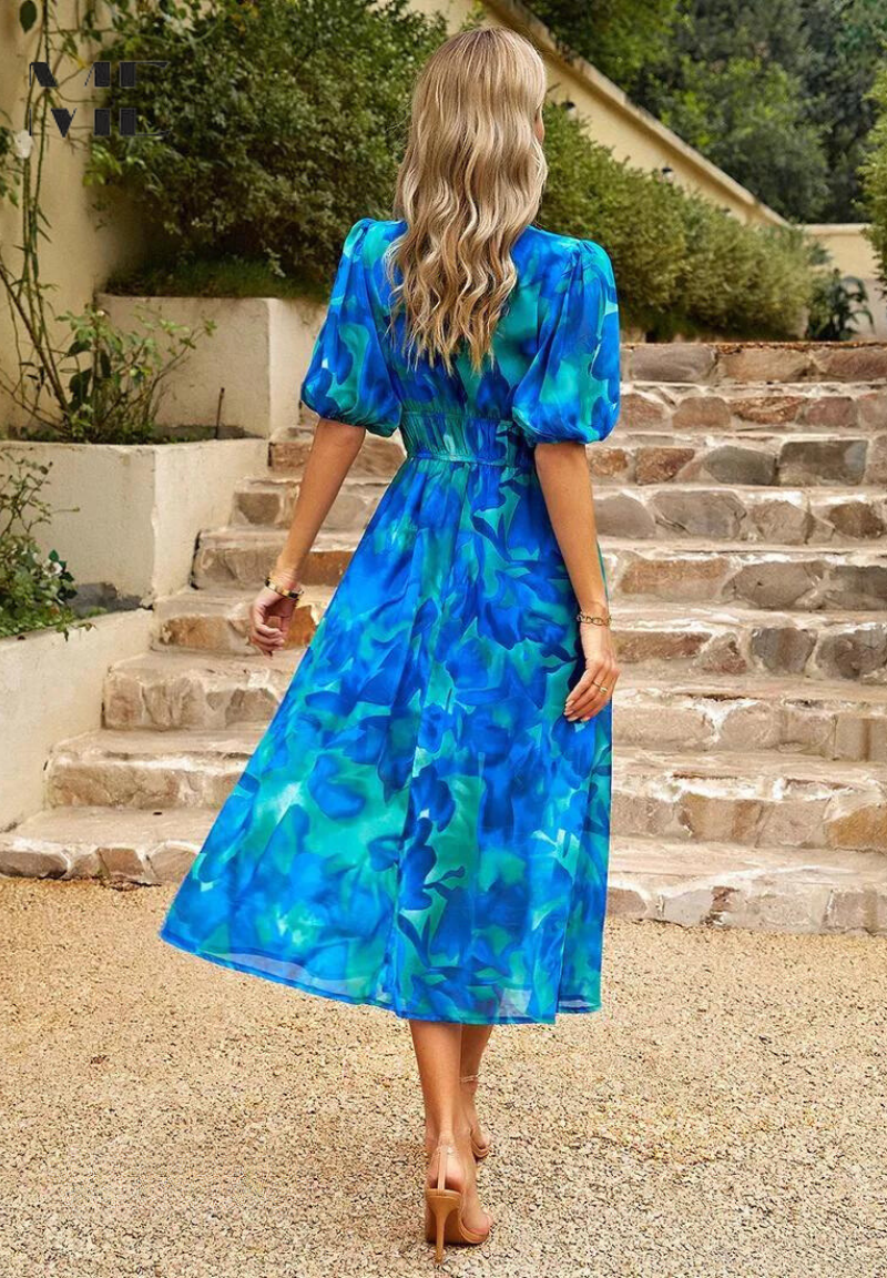 Women's Floral Midi Dress with Puff Sleeves | Garden Party Occasion Dress