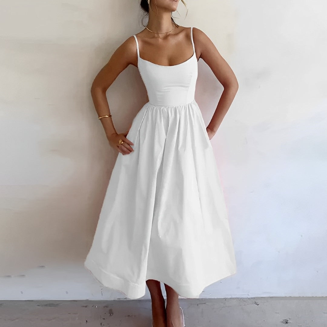 Women's Spaghetti Strap Scoop Neck Fitted Bodice Full A-Line Midi Dress Summer