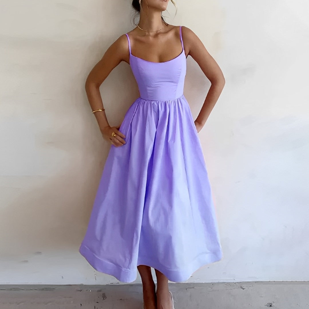 Women's Spaghetti Strap Scoop Neck Fitted Bodice Full A-Line Midi Dress Summer