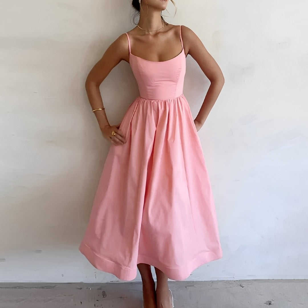 Women's Spaghetti Strap Scoop Neck Fitted Bodice Full A-Line Midi Dress Summer