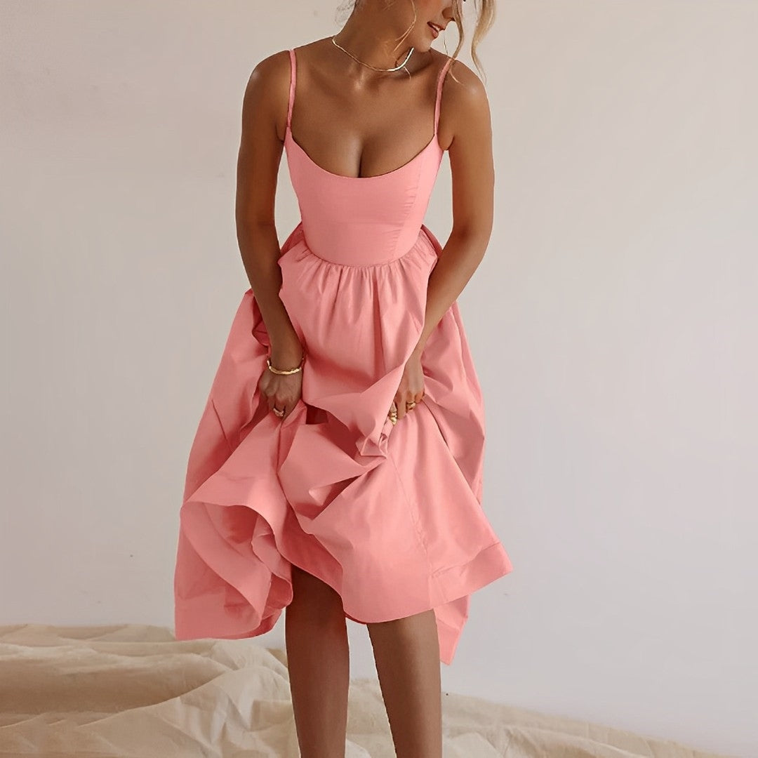 Women's Spaghetti Strap Scoop Neck Fitted Bodice Full A-Line Midi Dress Summer