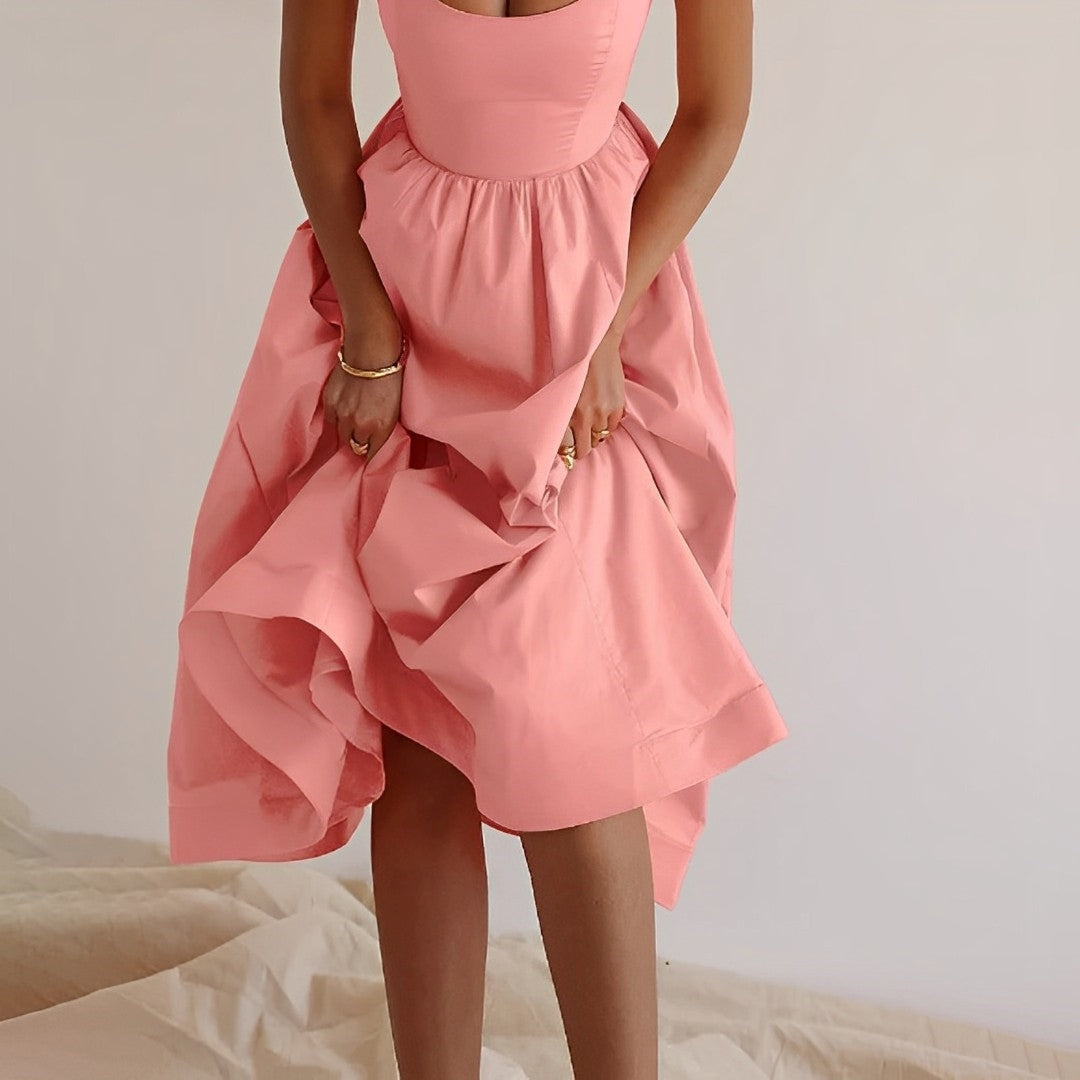 Women's Spaghetti Strap Scoop Neck Fitted Bodice Full A-Line Midi Dress Summer
