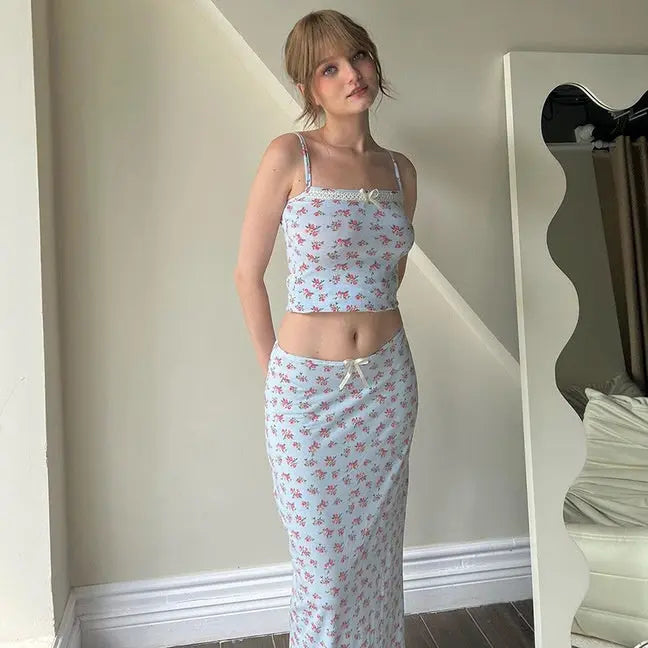 Women's Floral Two Piece Set | Crop Top and Skirt Matching Outfit