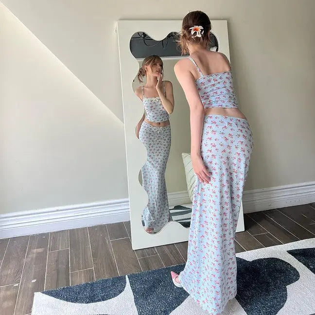 Women's Floral Two Piece Set | Crop Top and Skirt Matching Outfit