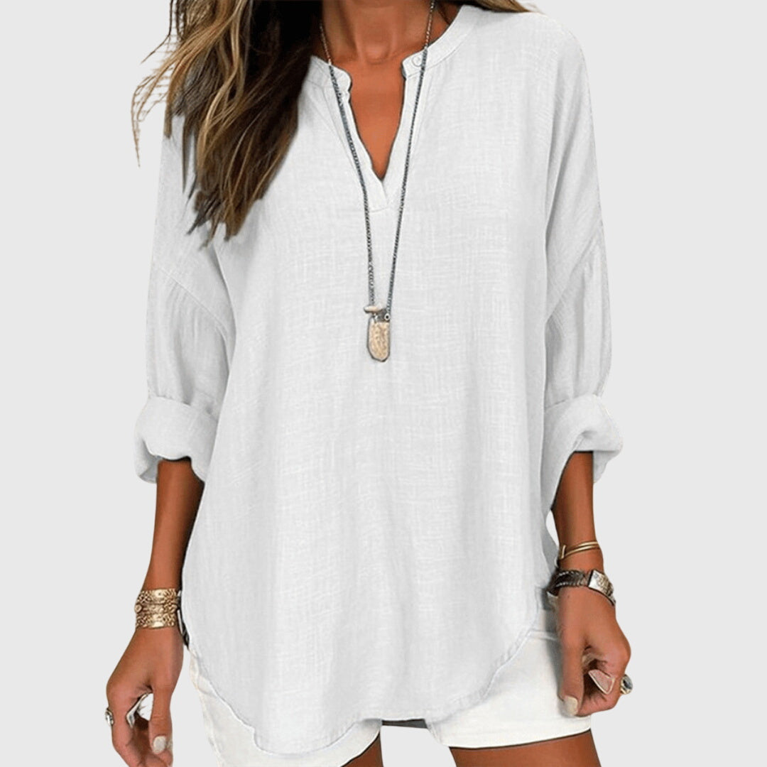 Women's V-Neck Zip Detail Long Sleeve Oversized Casual Blouse