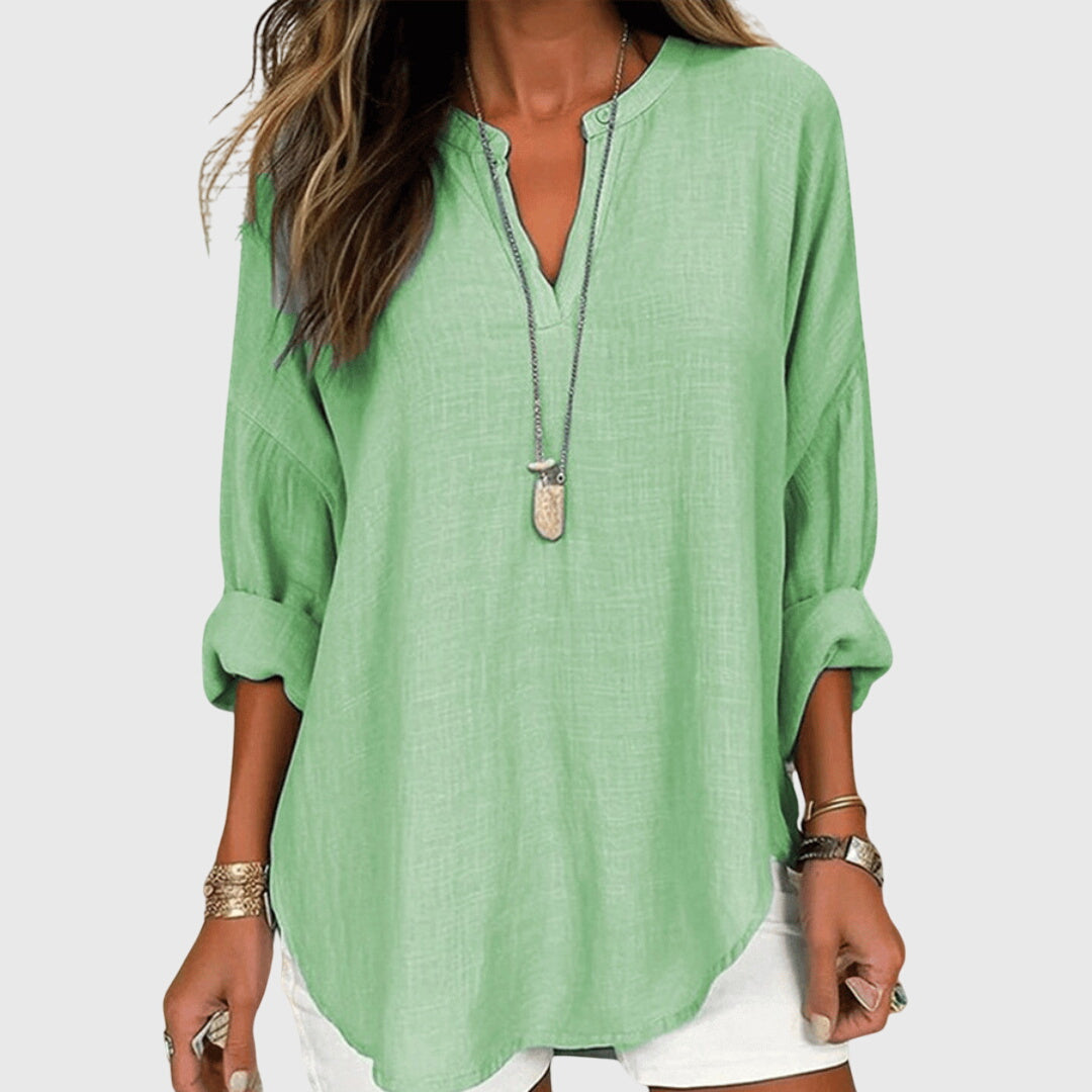 Women's V-Neck Zip Detail Long Sleeve Oversized Casual Blouse