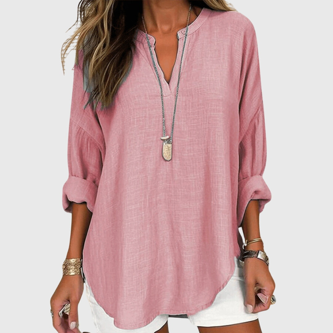 Women's V-Neck Zip Detail Long Sleeve Oversized Casual Blouse