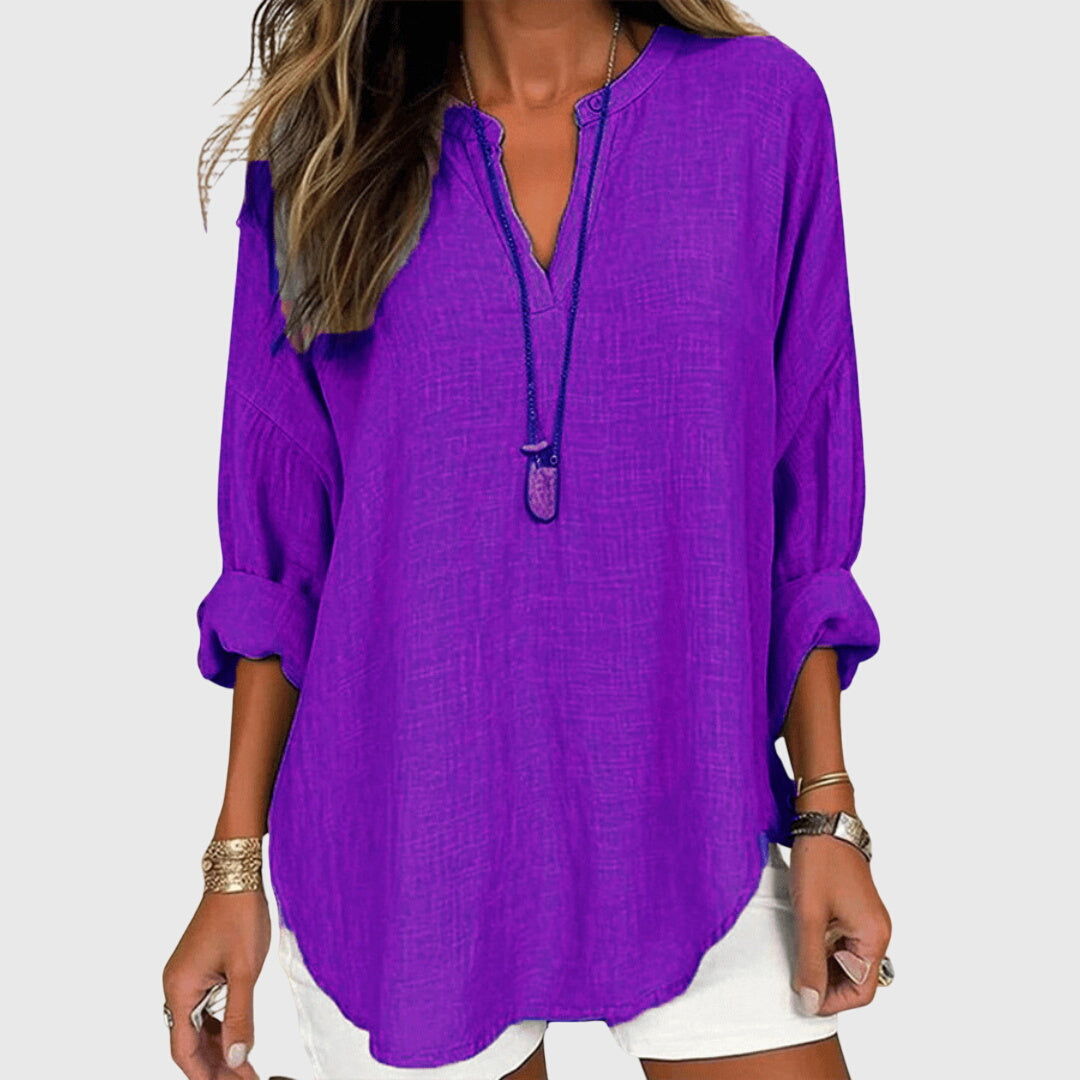 Women's V-Neck Zip Detail Long Sleeve Oversized Casual Blouse