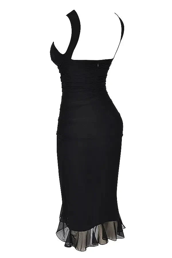 Women's High Neck Open Back Stretch Mesh Midi Dress | Ruffle Hem Party Dress