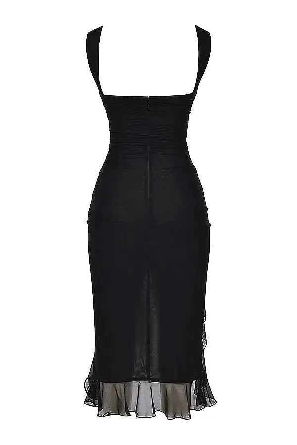 Women's High Neck Open Back Stretch Mesh Midi Dress | Ruffle Hem Party Dress