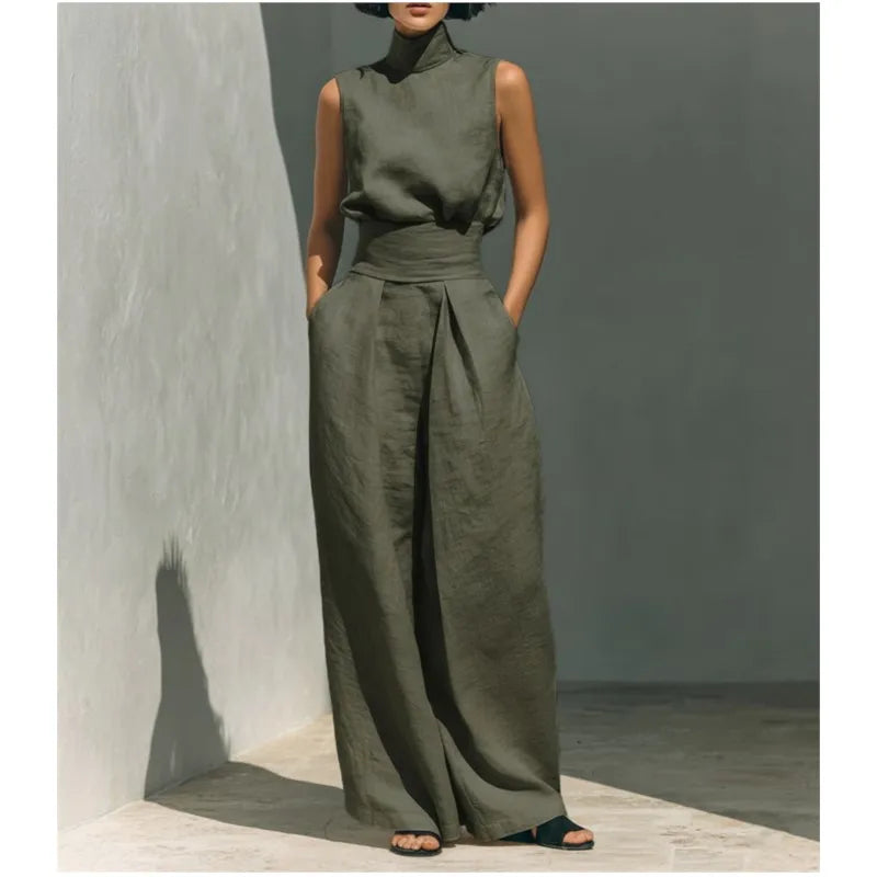 women's high waist wide-leg jumpsuit - worn view