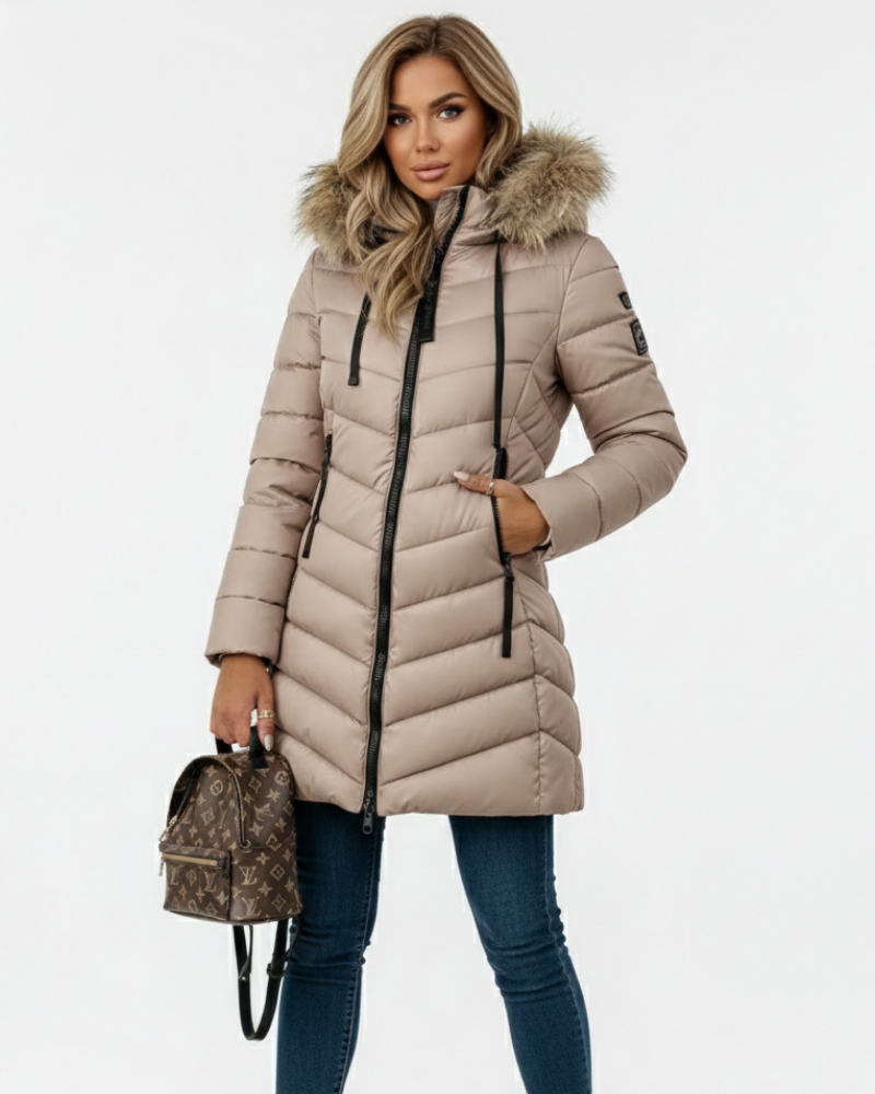 Women's Hooded Puffer Jacket | Chevron Quilted Faux Fur Collar - photo 1